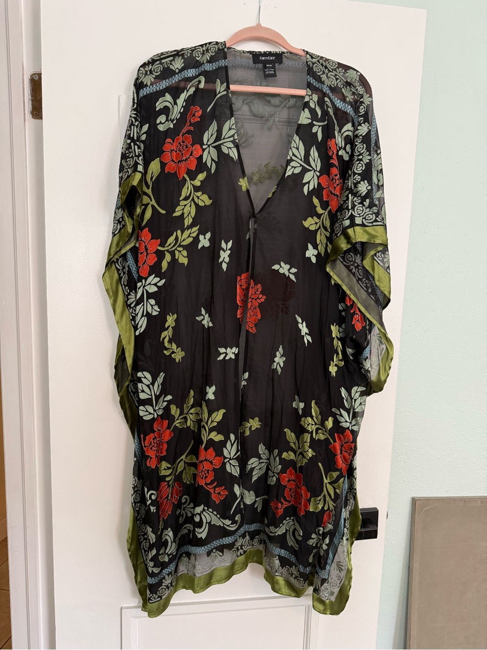EUC Karen Kane Black Floral Kimono with Olive Trim